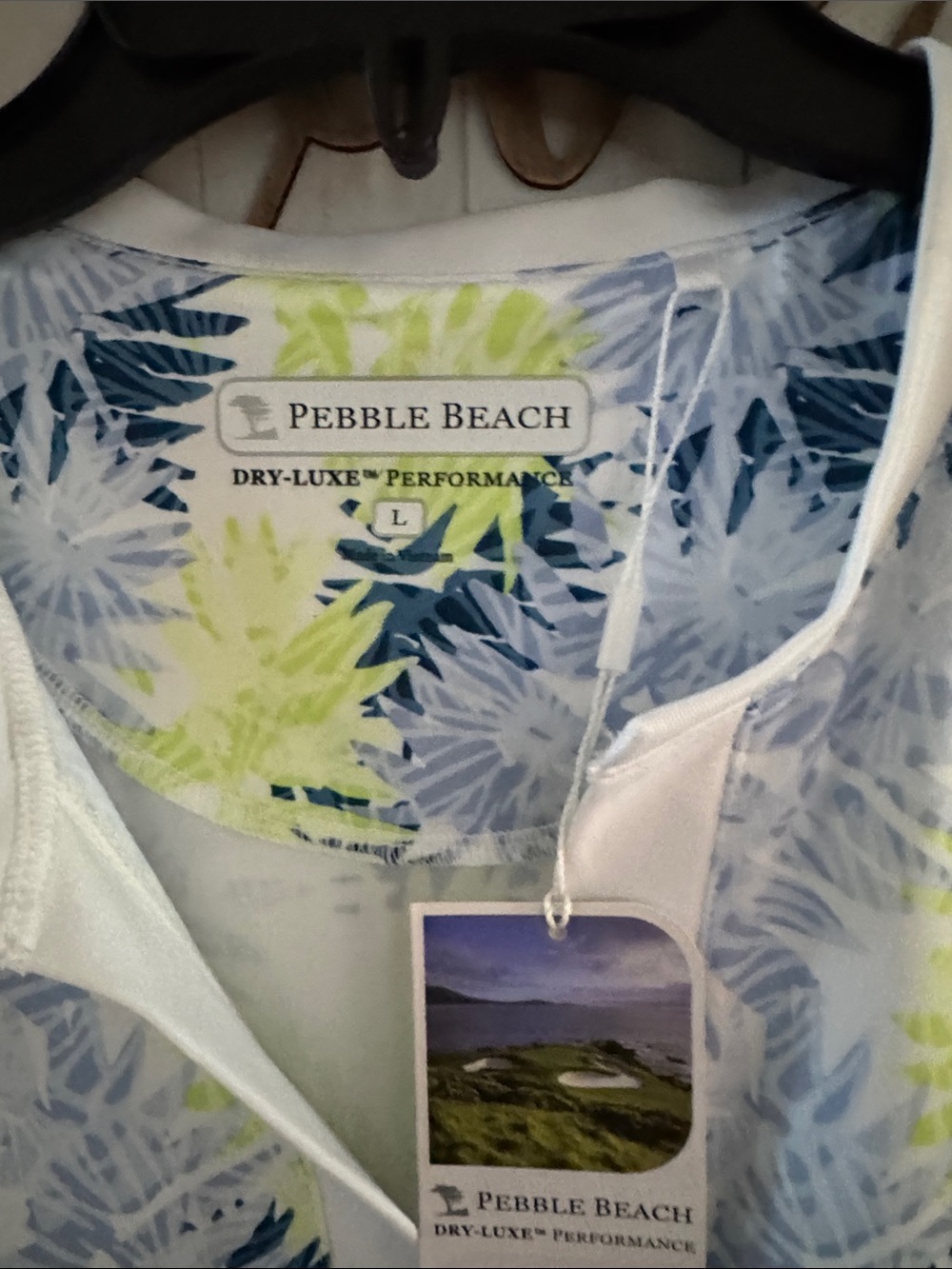 Pebble Beach White Polo with Blue & Lime Green Botanical Print
